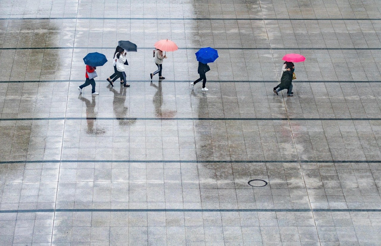 rain, people, umbrellas, nature, wet, weather, thunderstorm